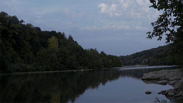 A photo of the river with trees surrounding it.