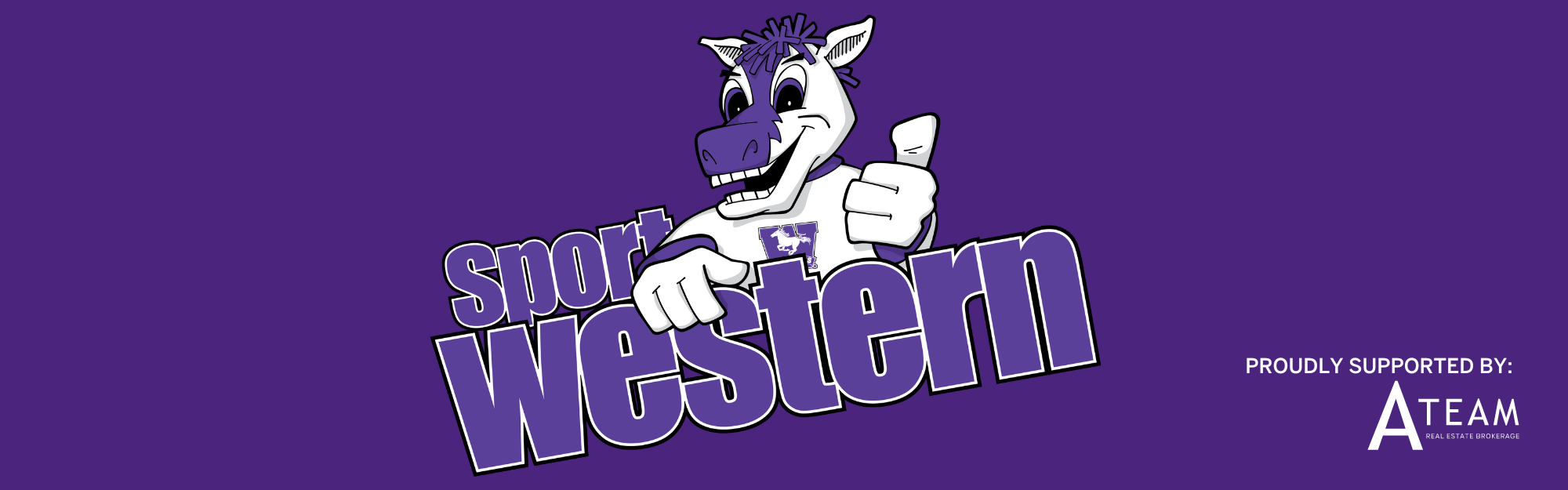 Sport Western Logo with cartoon JW Mascot - Mustangs Horse. Purple and White.