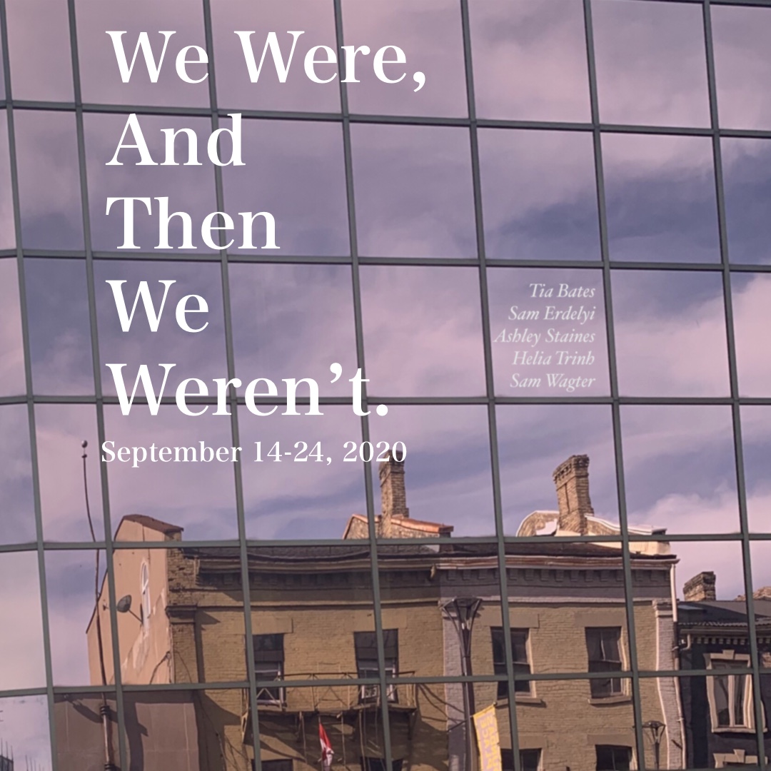 Banner image for We Were and Then We Weren't showing a violet sky reflected in skyscraper windows