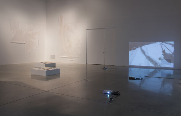 installation view, large wall drawings, video projection and sculptures