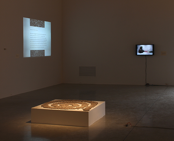 Imagine - Sculpture, video, and projection of text.