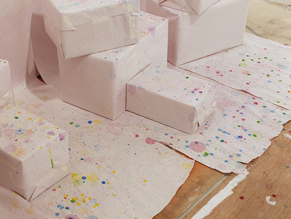 Yes/No installation view, paper boxes spattered with paint