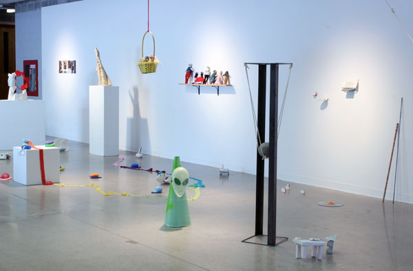 installation view, sculptures on floor and wall