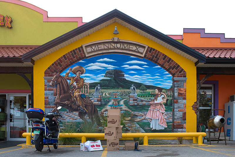 A stack of cardboard boxes in a parking lot, sitting in front of an elaborately painted mural of a stereotypical "Mexican" landscape