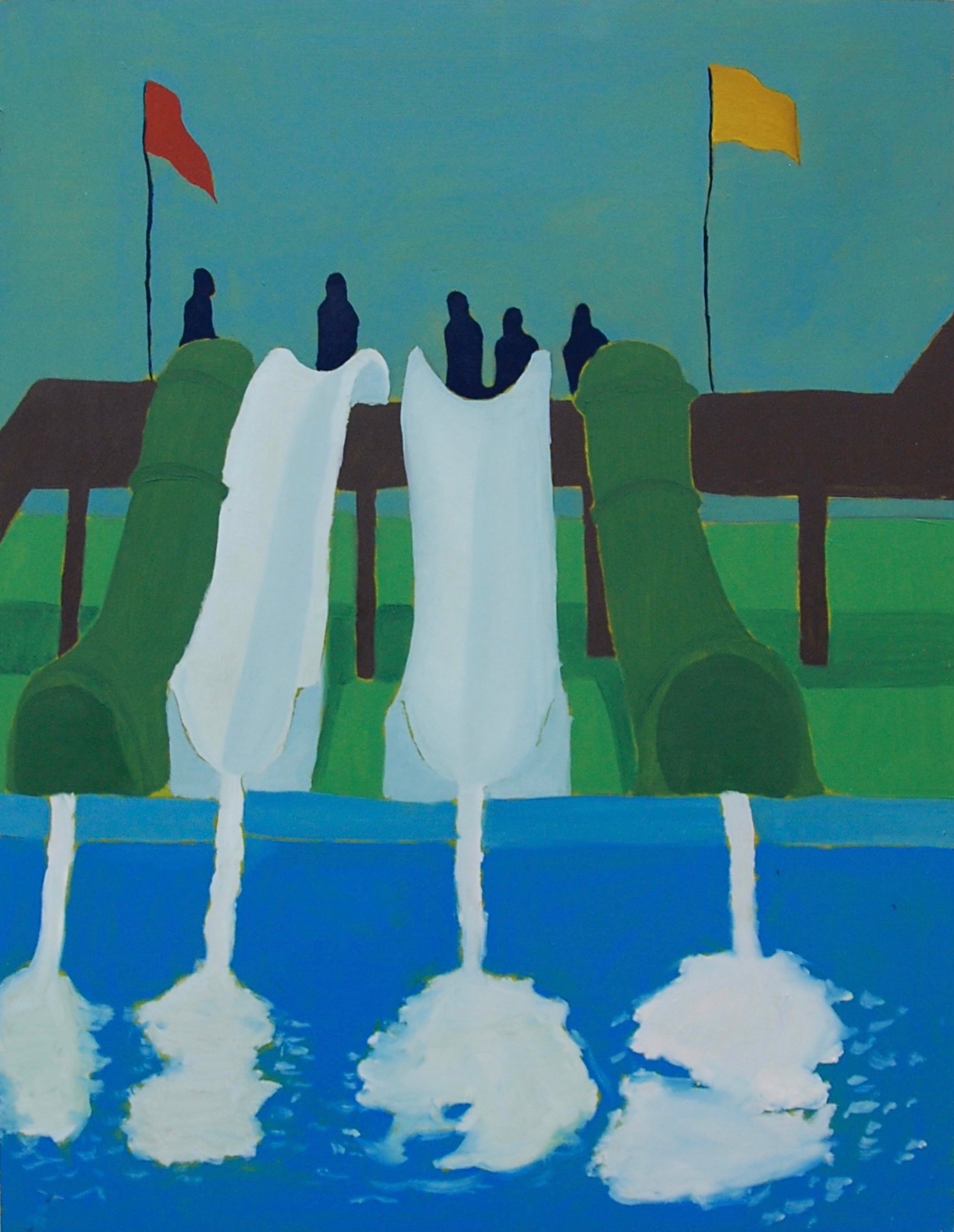Painting of waterslides and silhouettes waiting to go down them