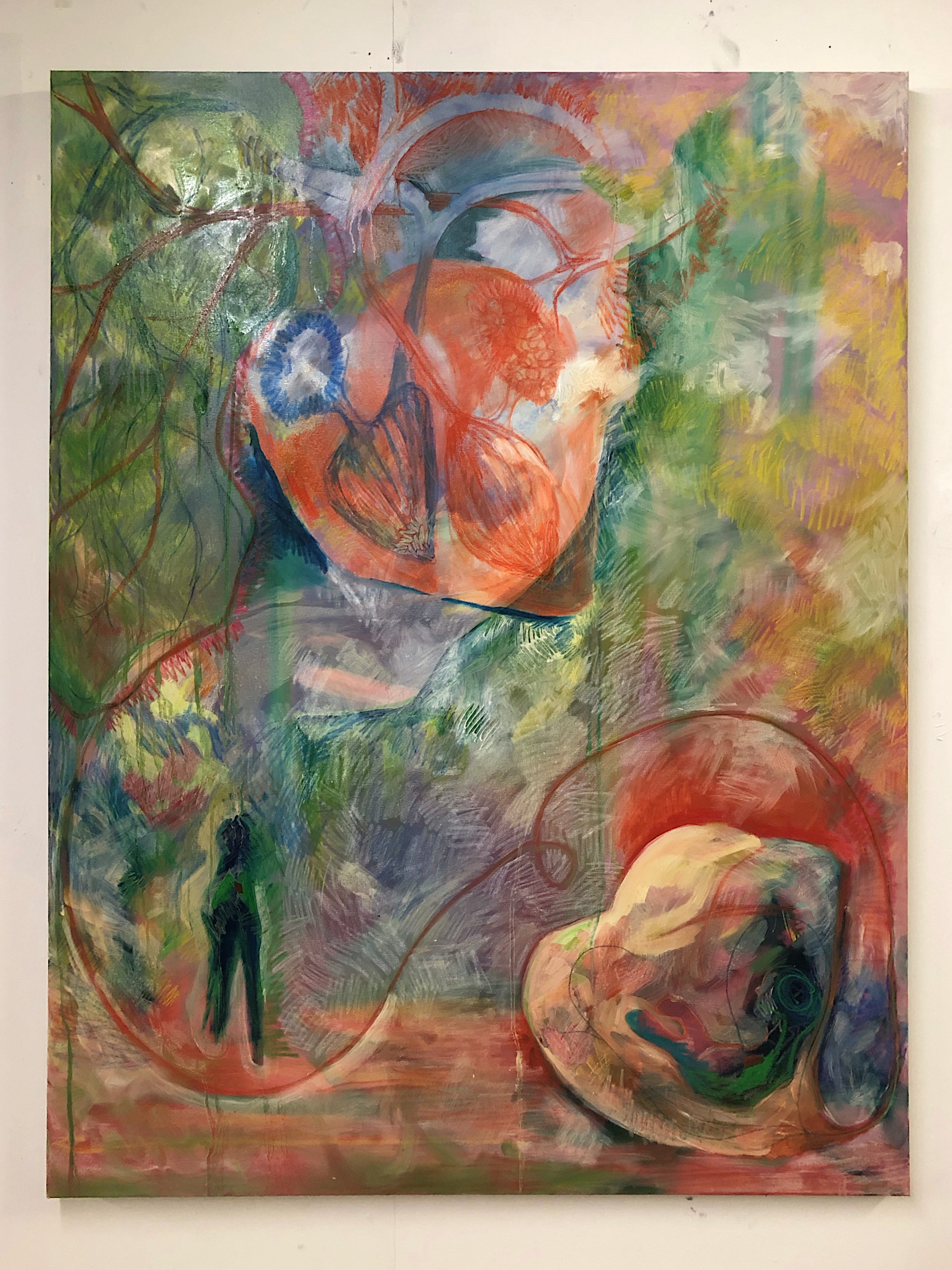 Painting representing a human heart and an organ connected by a red line with a figure standing on the ground looking up at the heart 