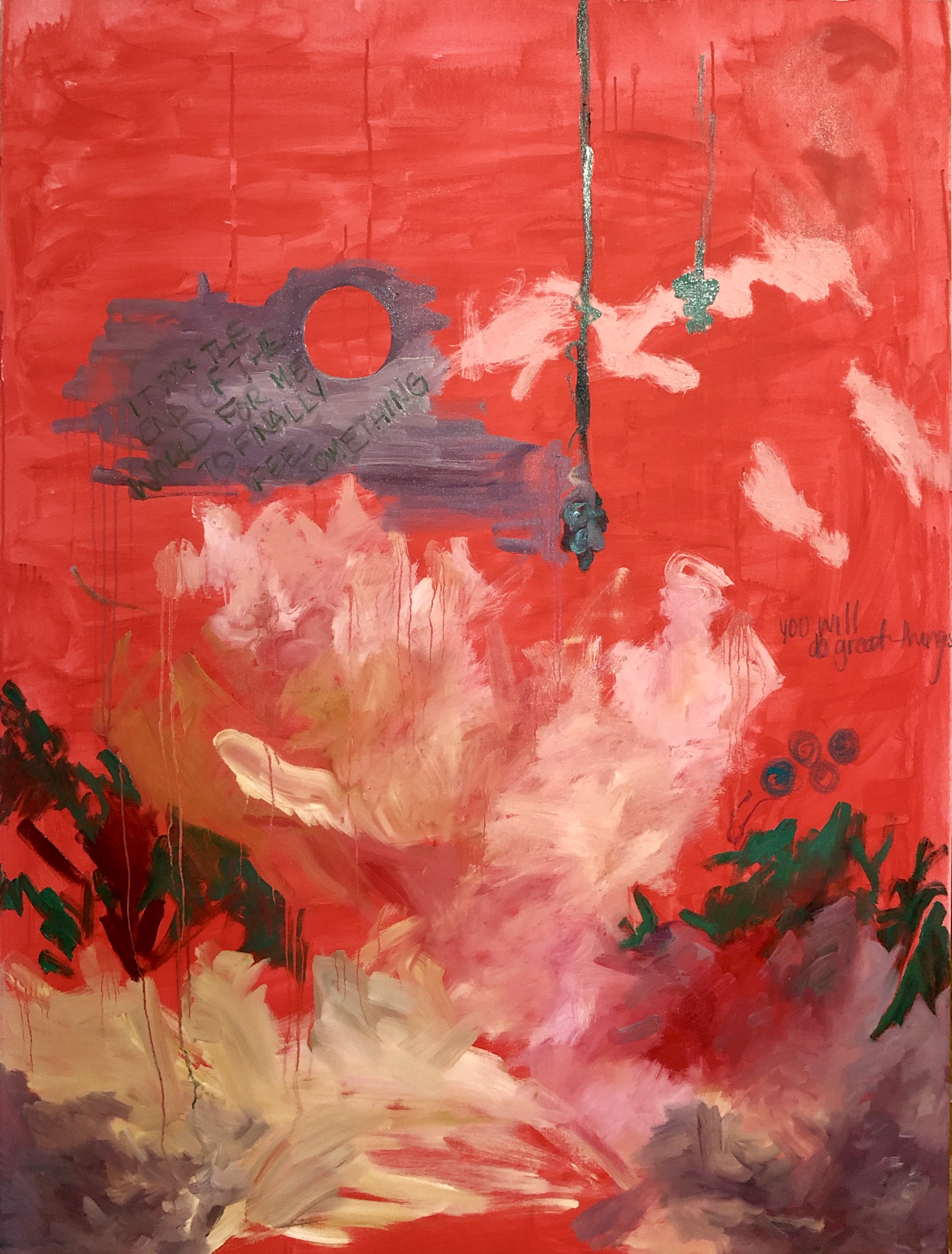 Abstract painting with light coloured elements against a red background