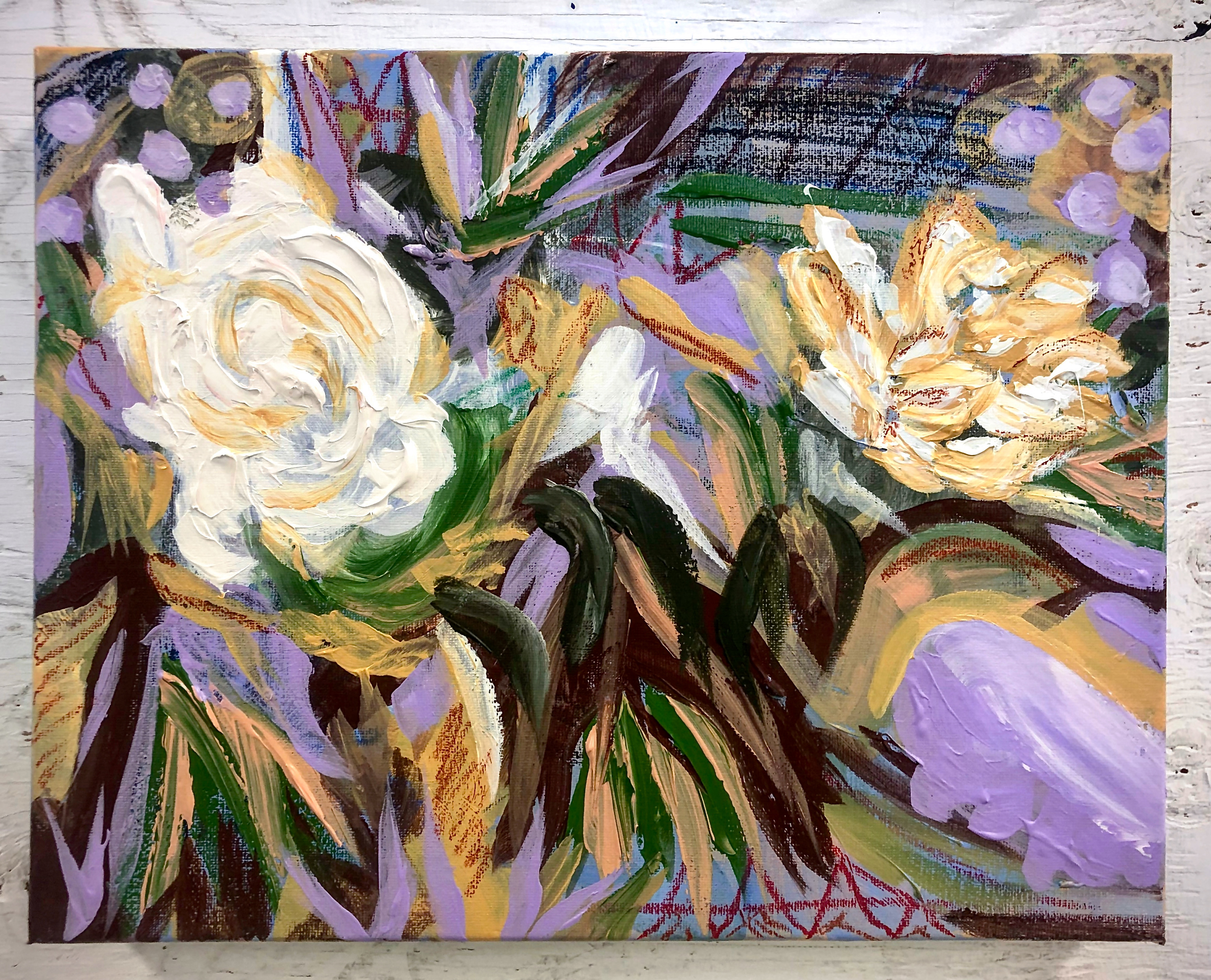 Painting of white flowers surrounded by green and brown leaves against a purple background.