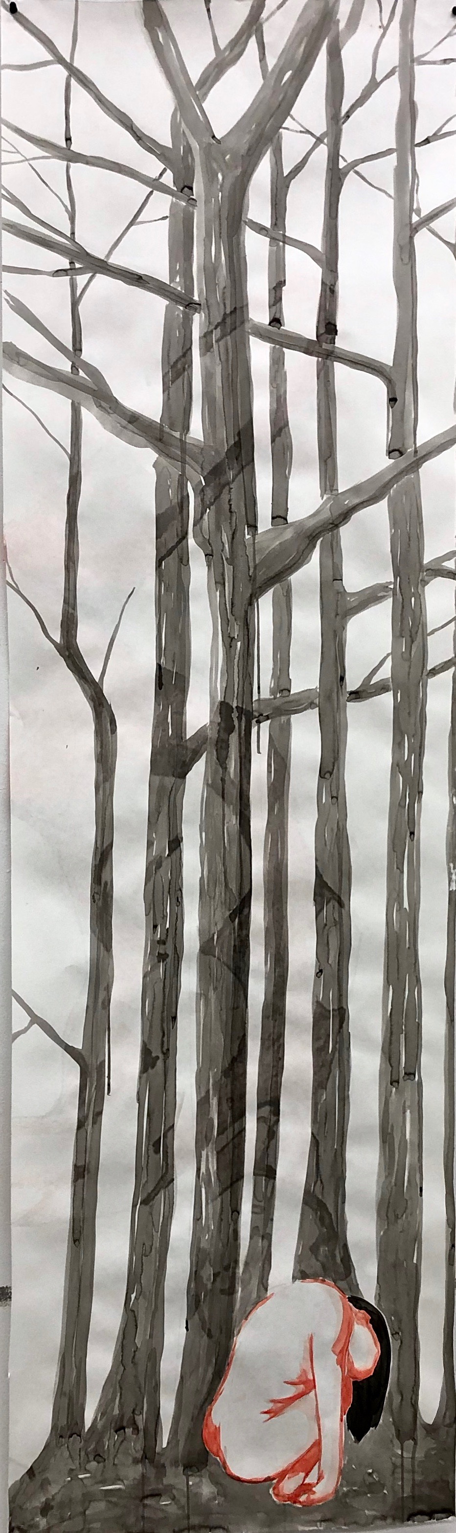 Painting of grey leafless trees against a white and light grey sky.