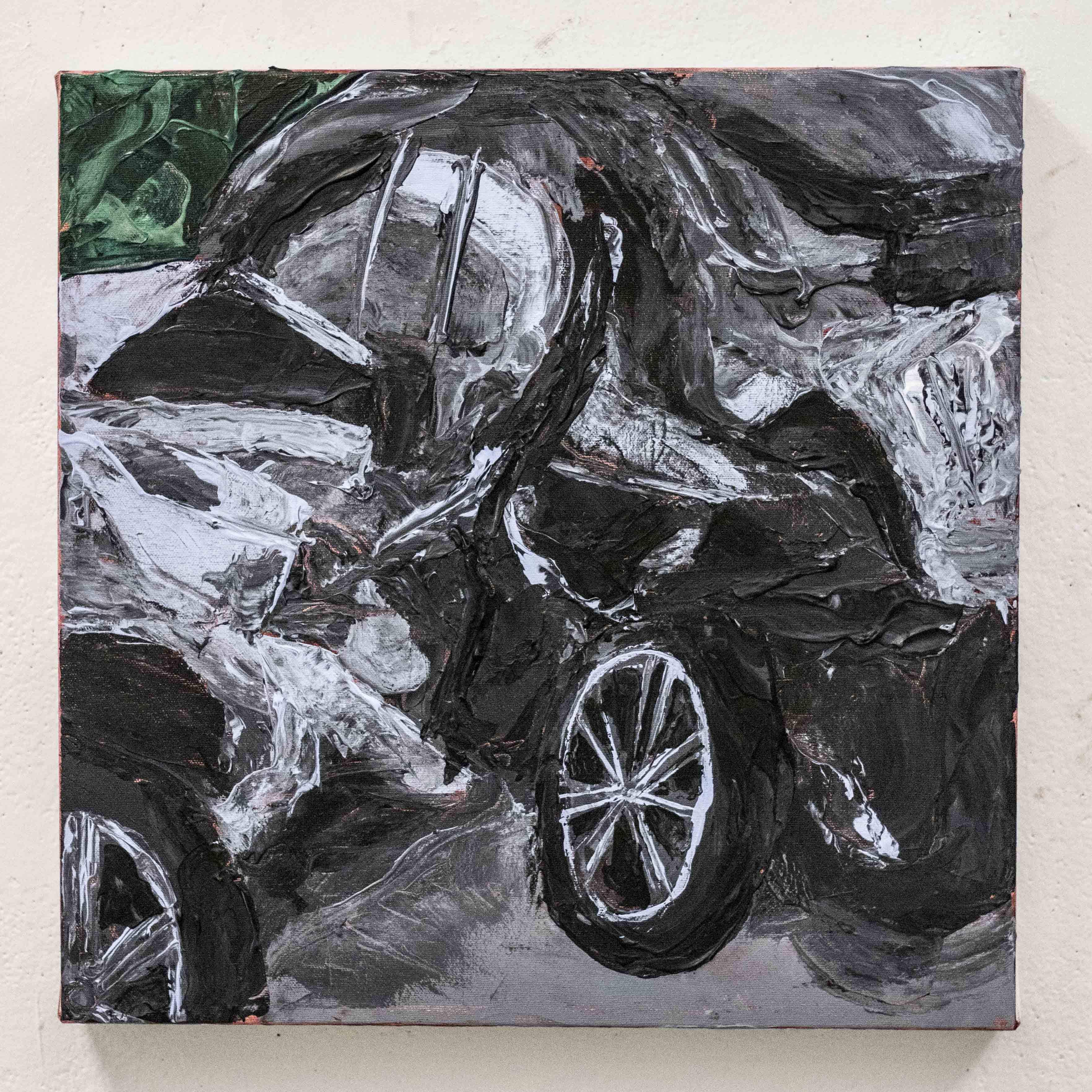 Painting of crashed cars, painted in whites and blacks with a patch of green at top left.