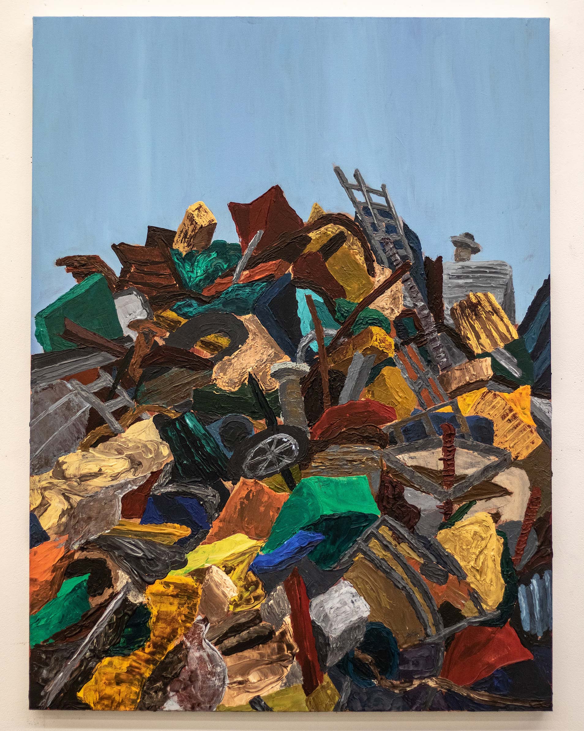 Painting of a pile of garbage below a blue sky.